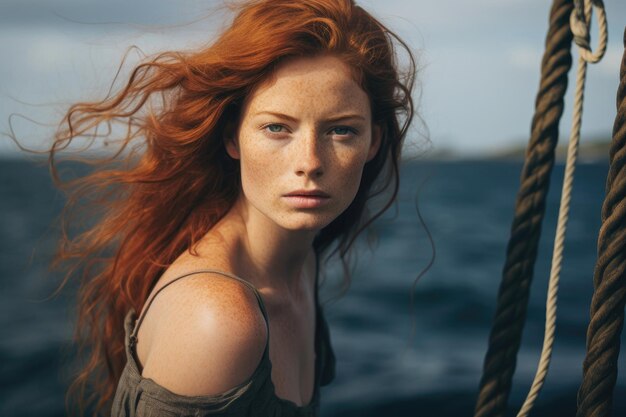 Foto schöne rothaarige frau im meer