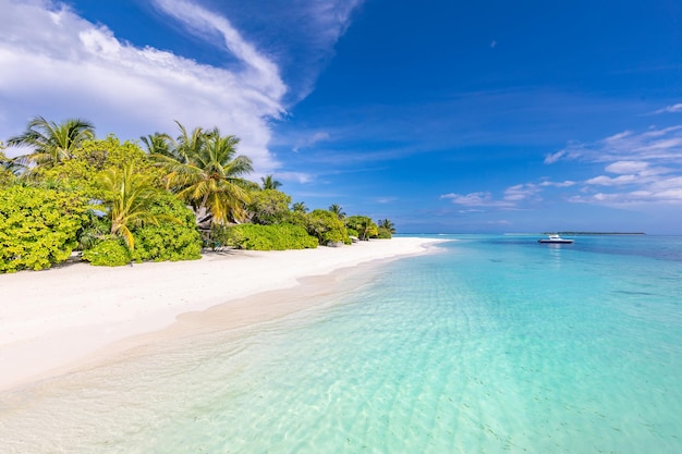 Schöne ruhige Landschaft. Inspirierender tropischer Strand, Palmen, blaue Meeresbucht, sonniger Himmelsand