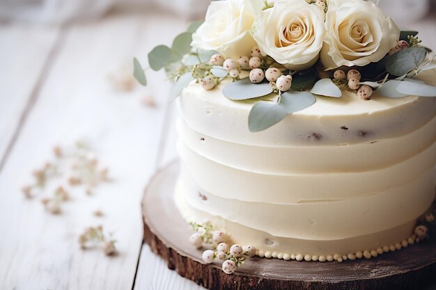 Schöne rustikale Hochzeitskuche, geschmückt mit Eukalyptus auf weißem Holzhintergrund