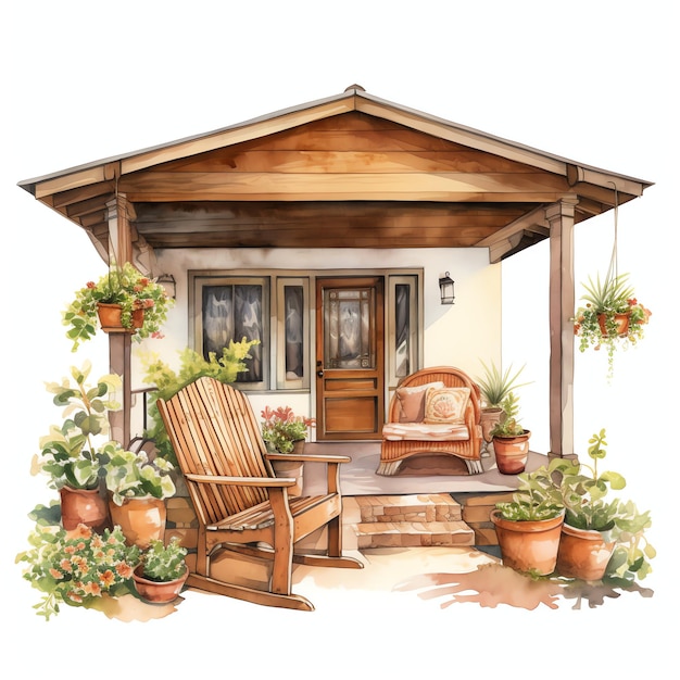 schöne rustikale Veranda Rustikale Cottagecore-Aquarell-gemütliche Clipart-Illustration