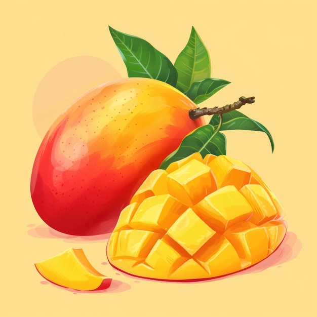 Foto schöne, saftige, reife mango, ganz und in stücken