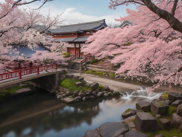 Schöne Sakura-Bäume und Fluss