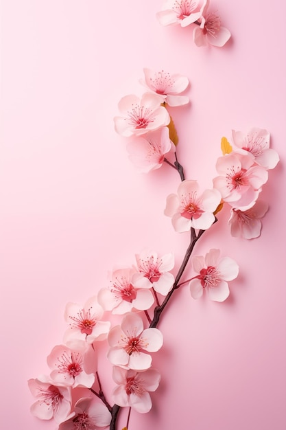 Schöne Sakura-Kirscheblüten, isoliert auf rosa Hintergrund, zartes Frühlingsdesign, Kopierraum