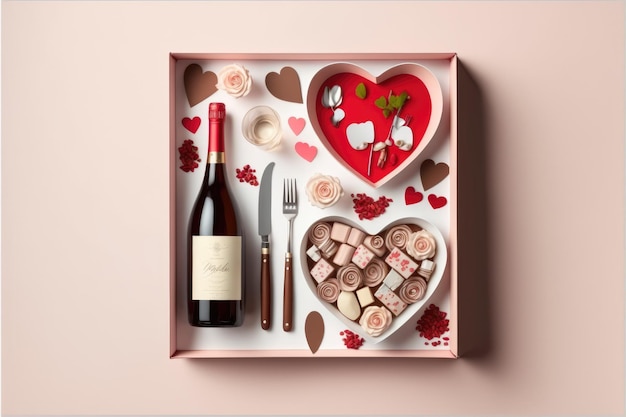 Schöne Schachtel mit Geschenken zum Valentinstag Weinflasche und leckere Pralinen Generative AI