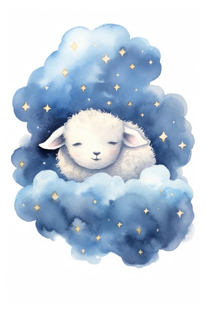 Schöne Schafe, die auf einer Wolke schlafen, Aquarellzeichnung Generative KI