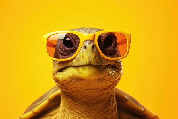 Schöne Schildkröte mit Sonnenbrille auf gelbem Hintergrund