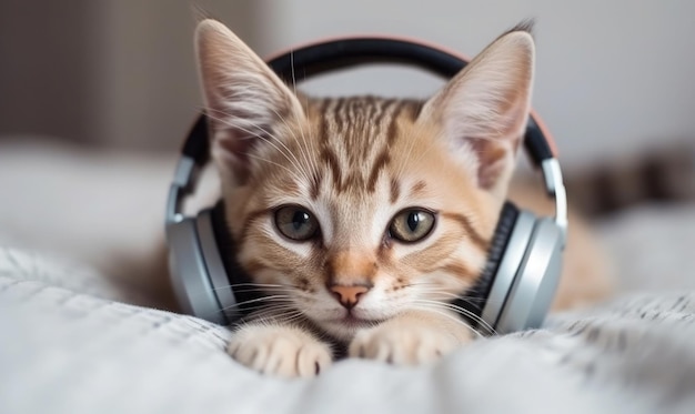 Schöne schlafende gestreifte Katze Kätzchen hört Musik in Kopfhörern auf weißem Bett generative KI