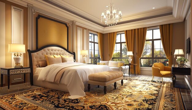 Schöne Schlafzimmer-Suite im Hotel mit gelber Dekoration