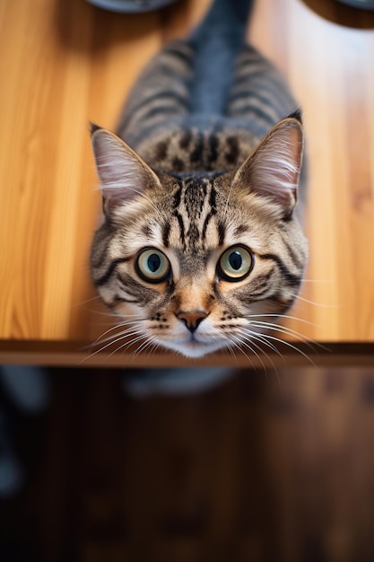 Schöne schmutzige bengalische Katze sitzt auf dem Küchentisch und schaut nach oben