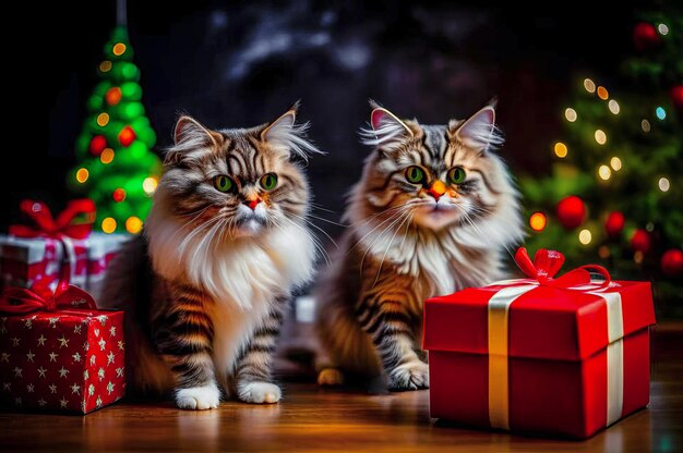 Schöne schöne Katzen mit Weihnachtsgeschenken in einem festlichen Interieur