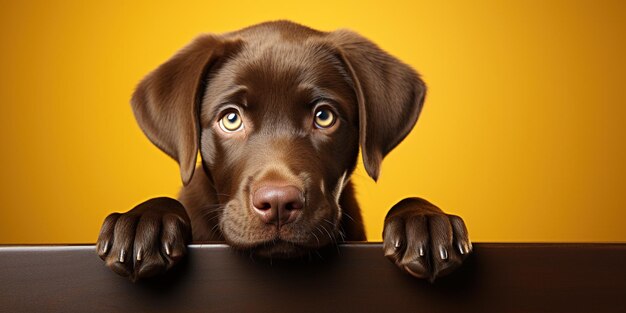 Foto schöne schokoladen-labrador-retriever-wund auf gelbem hintergrund