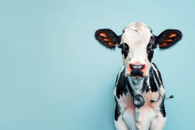 Schöne schwarz-weiße Kalb mit Stethoskop auf blauem Hintergrund Gesundheitskonzept