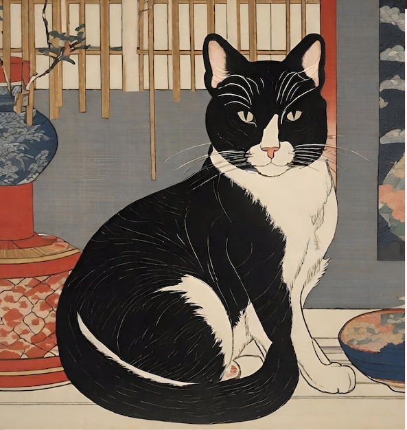 Schöne schwarz-weiße Katzenmalerei im Ukiyoe-Stil