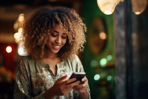 Schöne schwarze Frau hält ihr Handy mit den Fingern auf dem Bildschirm