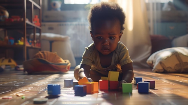 Schöne schwarze Kinder spielen mit gestapelten Bausteinen zu Hause, während sie auf einem Teppich im Zimmer sitzen