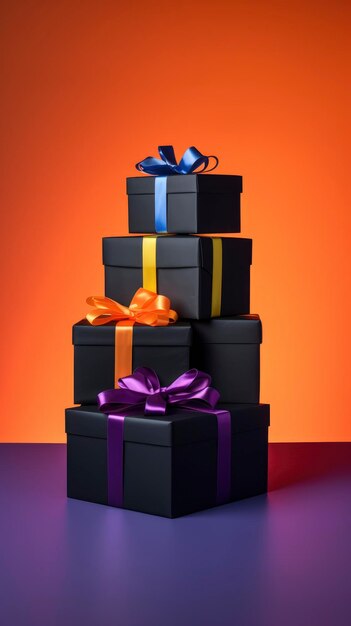 Schöne schwarze Weihnachtsgeschenkkisten auf farbigen, hellen, festlichen Hintergrundbannern