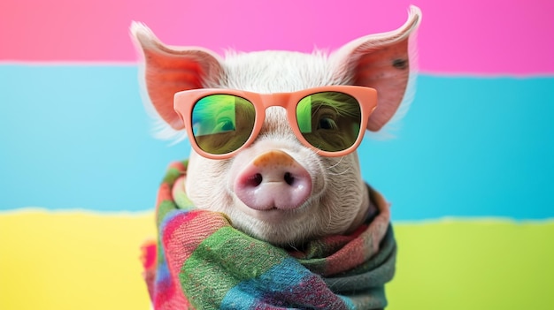 Schöne Schweine-Sonnenbrille und Schal im Studio mit farbenfrohem und hellen Hintergrund Generative Ai