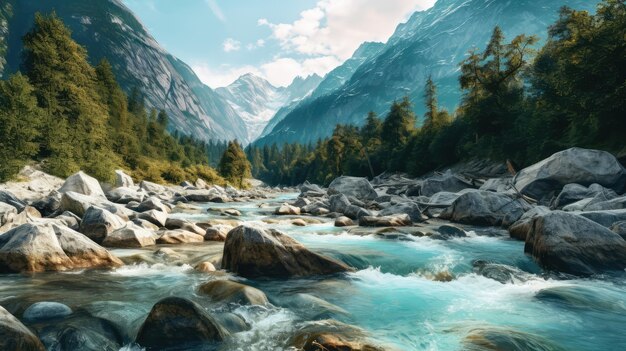 Schöne Schweiz Blue River Stream Landschaft Wallpaper generiert AI