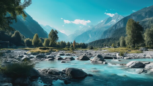 Schöne Schweiz Blue River Stream Landschaft Wallpaper generiert AI