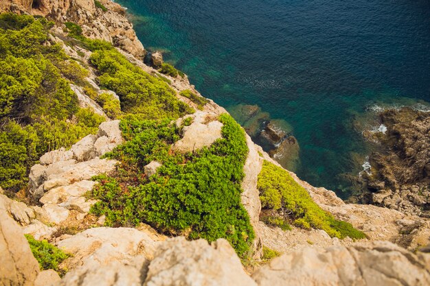 Schöne Seelandschaft. Meer und Felsen bei Sonnenuntergang. Naturzusammensetzung.