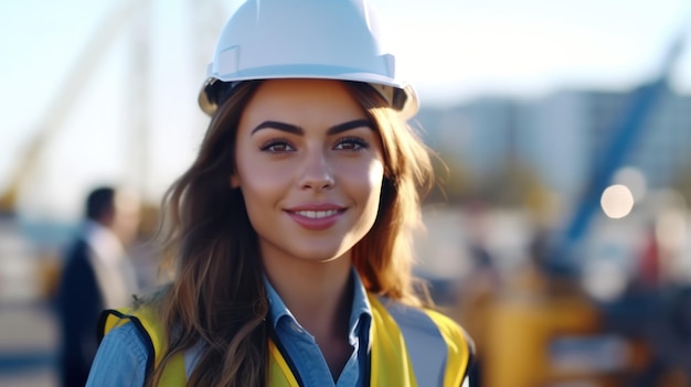 Schöne selbstbewusste Bauarbeiterin in Uniform und Schutzhelm lächelt am Tag der Arbeit