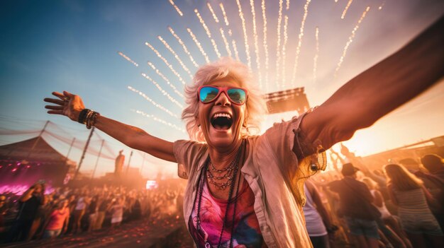 Schöne Senior-Frau, die sich auf einem Musikfestival amüsiert