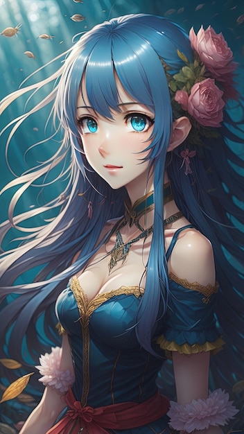 Schöne sexy Anime-Mädchen mit blauen Augen und blauen Haaren