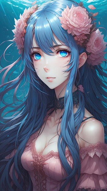 Schöne sexy Anime-Mädchen mit blauen Augen und blauen Haaren