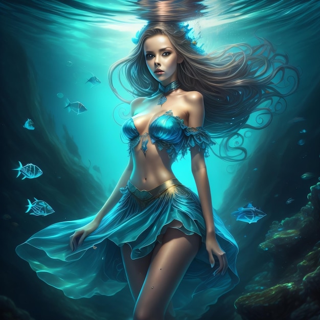 Schöne sexy Fantasy-Königin unter Wasser in luxuriösem transparentem Kleid