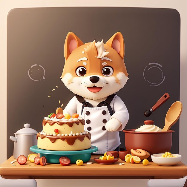 Schöne Shiba-Inu-Hundkoch kocht Kuchen Cartoon-Vektor-Ikonen Illustration Tiernahrung Ikonen isoliert