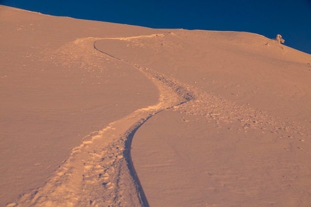 Schöne Snowboardlinie in den Bergen auf dem sonnenverwöhnten Schnee