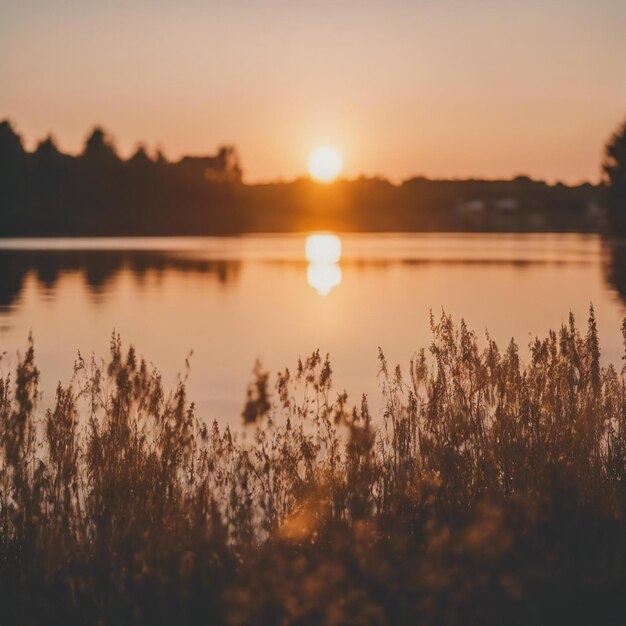 Foto schöne sommer-details sonnenaufgang goldene stunde über dem see