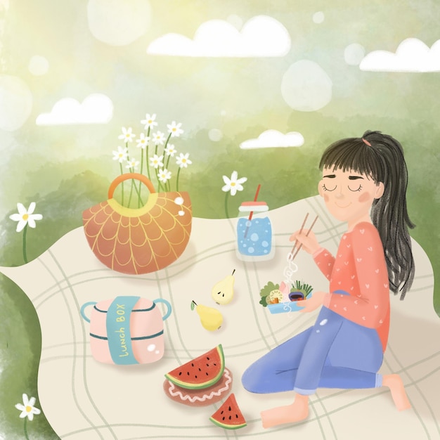 Schöne Sommerillustration Mädchen auf einem Sommerpicknick Schöne Sommer-Illustration