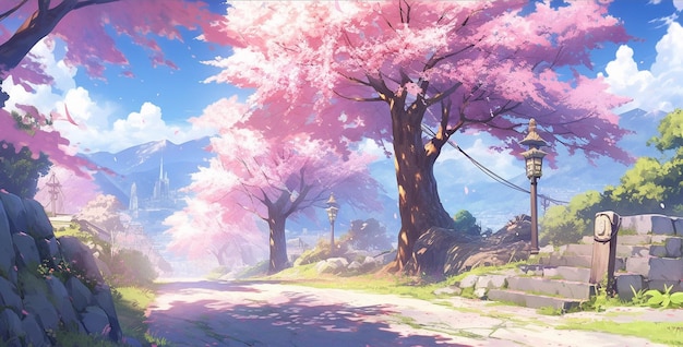 Schöne Sommerlandschaft im Anime- und Fantasy-Stil Hochwertige Illustration