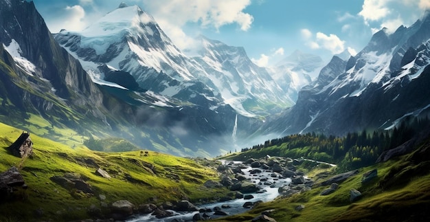 Schöne sommerliche neblige Landschaft in den Bergen der Alpen. Reise in die Berge. KI-generiertes Bild