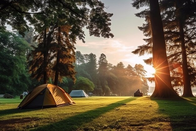 Schöne Sommernatur, wo es eine Lichtung gibt, wo sich früh am Morgen Zelte befinden.