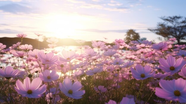 Foto schöne sommerwiese mit rosa und weißen kosmosblumen im morgendlichen sanften sonnenlicht