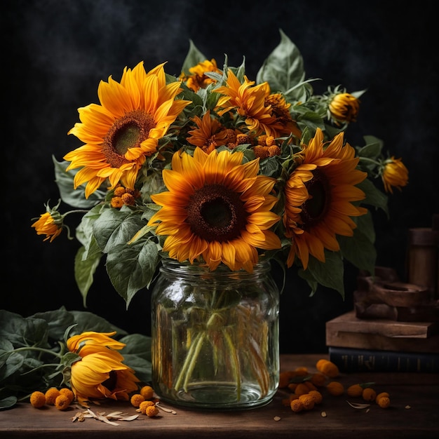 Foto schöne sonnenblumen in einem glas auf schwarzem hintergrund