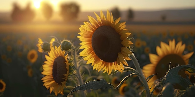 Schöne Sonnenblumen in einem grünen Feld an einem sonnigen Tag Warme Beleuchtung