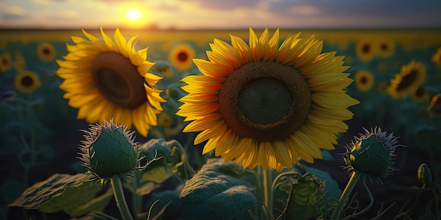 Schöne Sonnenblumen in einem grünen Feld an einem sonnigen Tag Warme Beleuchtung