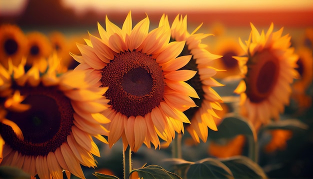 Schöne Sonnenblumen in Nahaufnahme auf dem Feld. Generieren Sie Ai