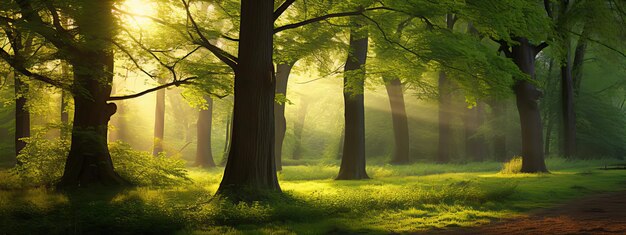 Foto schöne sonnenstrahlen in einem grünen sommer-eichenwald