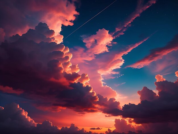 Schöne Sonnenuntergang in den Bergen Panorama See Landschaft mit blauem Himmel flauschige Wolken KI-Bild