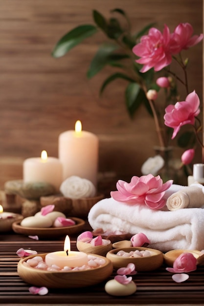 Foto schöne spa-komposition mit handtuch, kerze und blumen mit schönheitsprodukten