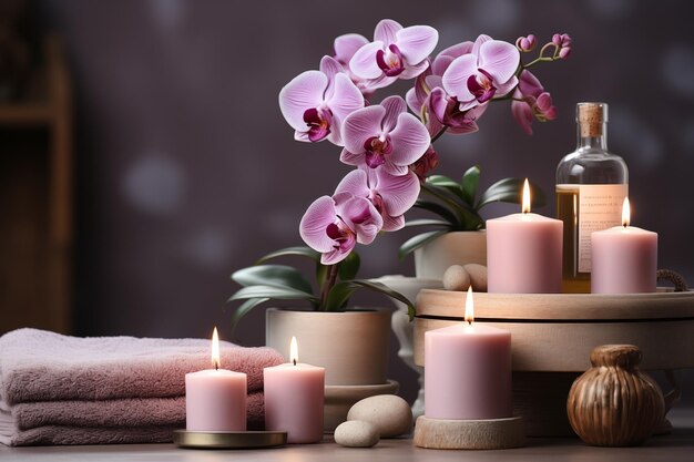 Schöne Spa-Komposition mit Lilie auf braunem Hintergrund Paar Handtücher mit Kerzen und Orchidee für natürliche Massage