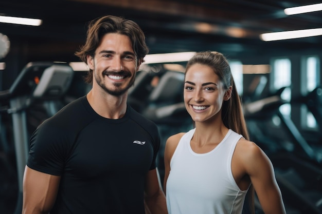 Schöne Sportlerin und lächelnder Fitnesstrainer im Fitnessstudio. Sportler trainieren mit Kaugummi