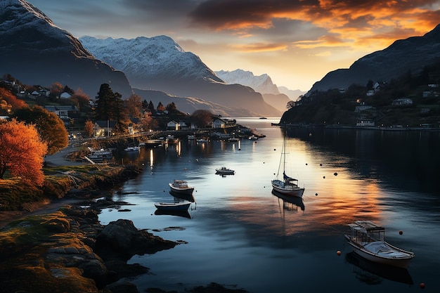 Schöne Stadt am Aurlandsfjord bei Tagesanbruch