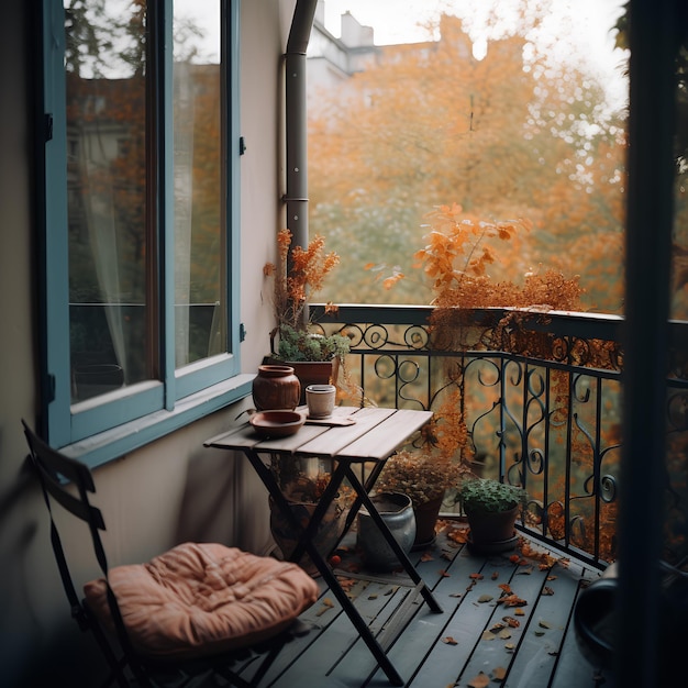 Schöne Stadtterrasse mit Tisch und Stuhl mit Kissen im Herbst Gemütliche Ecke zum Entspannen