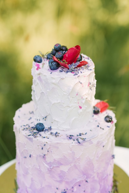 Schöne stilvolle köstliche Hochzeitstorte mit Beeren auf weißem Tisch und Naturhintergrund, selektiver Fokus