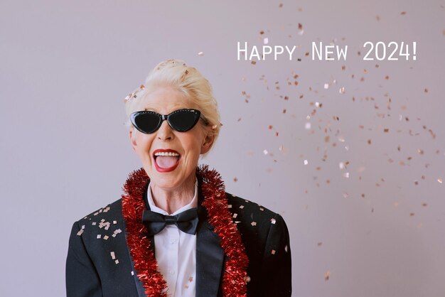 Schöne, stilvolle, reife Seniorin mit Sonnenbrille und Smoking, die das neue Jahr feiert. Lustige Party